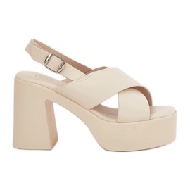 Women's sandals on the post and platform with eco leather light blue beige