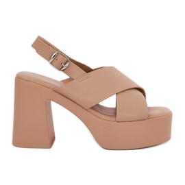 Women's sandals on the post and platform with eco leather khaki beige