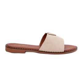 Flat -heeled women's flip flops with decorative details beige