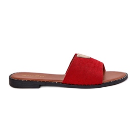 Flat -heeled women's flip flops with decorative red details