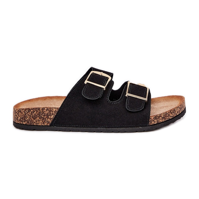 Women's flip flops on a cork platform with golden clamps black Women's flip flops on a cork platform with golden clamps black