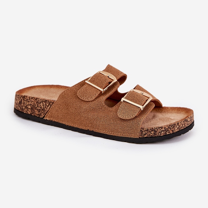 Women's flip flops on a cork platform with Camel golden buckles brown