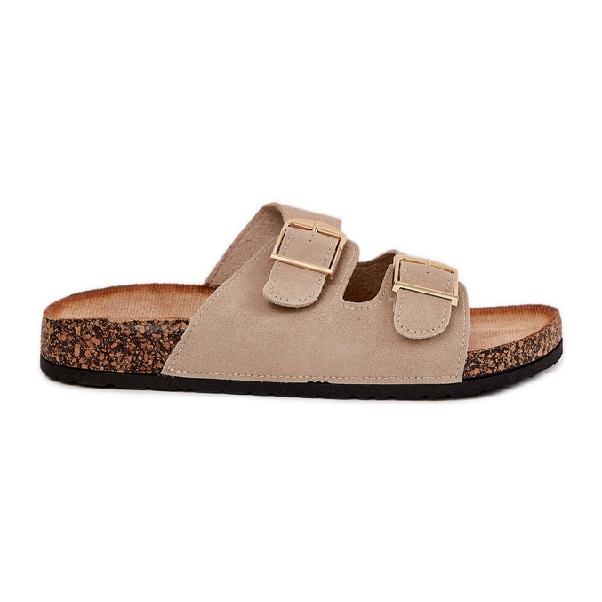 Women's flip flops on a cork platform with golden clamps beige
