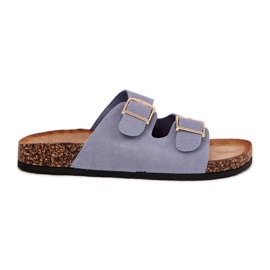 Women's flip flops on a cork platform with golden buckles blue
