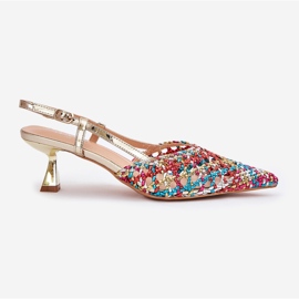High heels with a pointed toe and an open multicolor heel multicolored