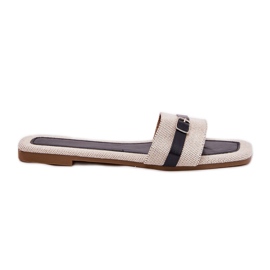 Flat women's flip flops with beige-black belt and buckle Flat women's flip flops with beige-black belt and buckle