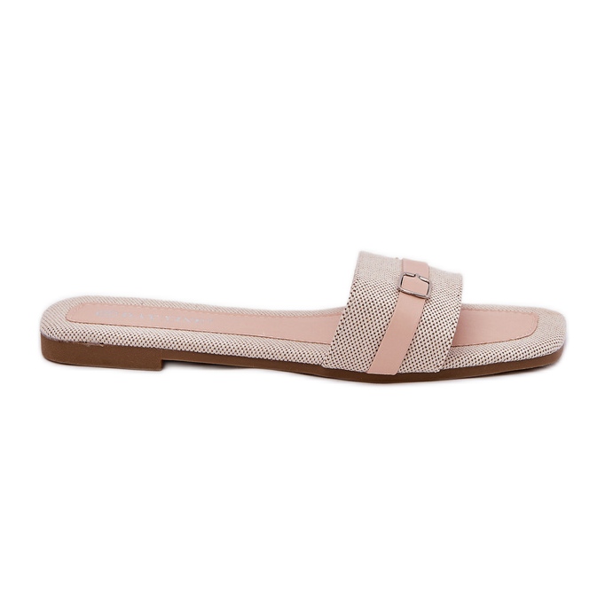 Flat women's flip flops with belt and buckle beige