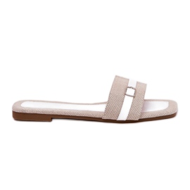 Flat women's flip flops with beige-white belt and buckle