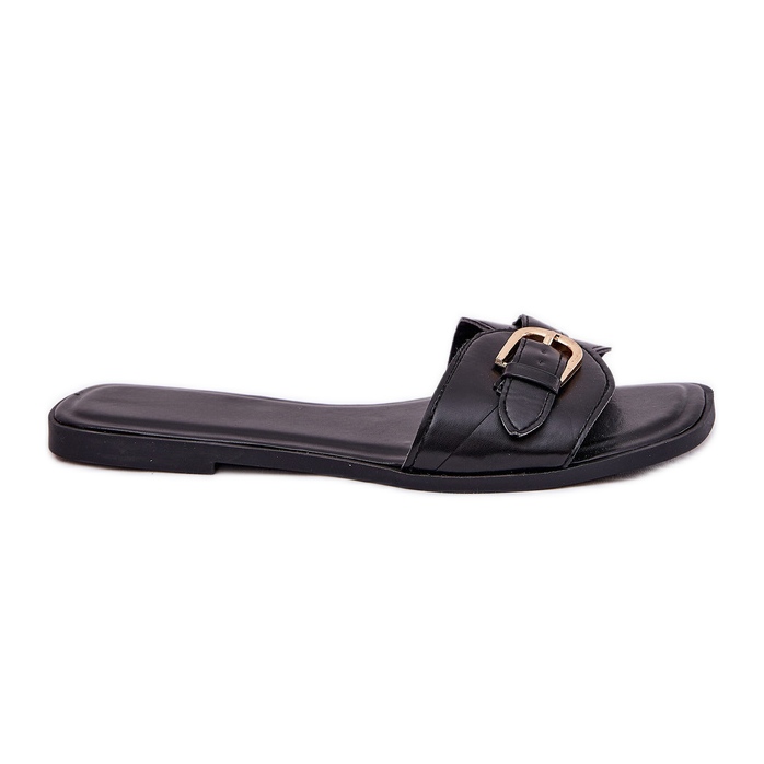 Flat women's flip flops with a golden clamp black