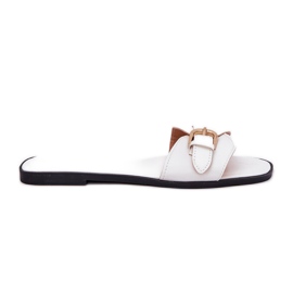 Flat women's flip flops with a golden buckle white Flat women's flip flops with a golden buckle white