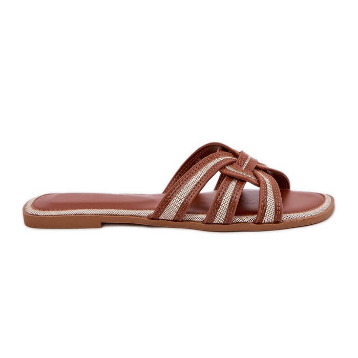 Flat women's flip flops with intertwining brown stripes
