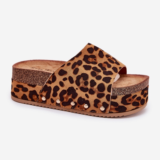 Women's flip flops on a massive platform eco suede leopard print brown