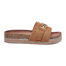 Women's flip flops with a golden detail on the Camel glitter platform brown