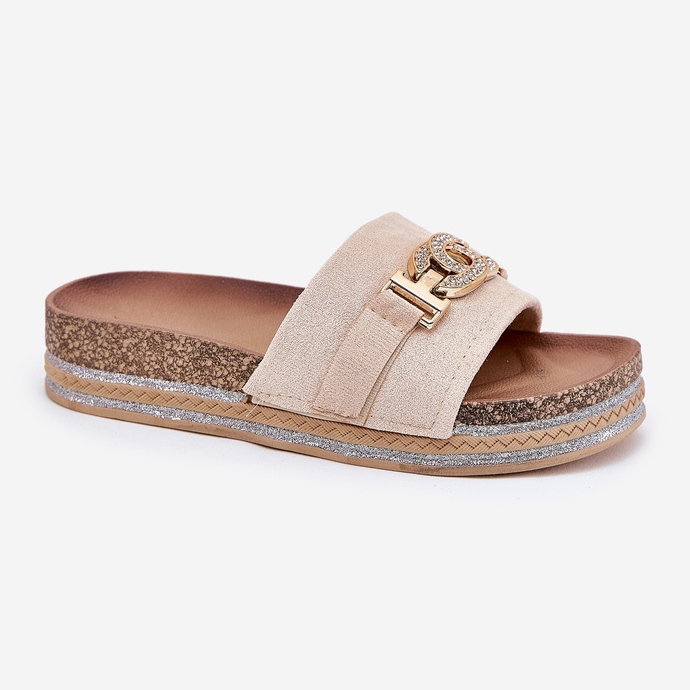 Women's flip flops with a golden detail on the platform with glitter beige