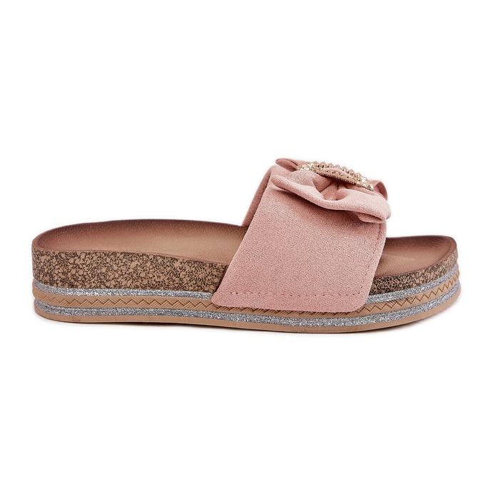 Women's flip flops on the platform with a bow and a decorative brooch pink