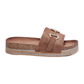 Women's flip flops on the platform with a golden ornament and khaki glitter beige