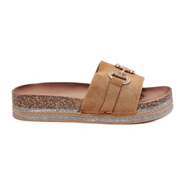 Women's flip flops on the platform with a golden ornament and Camel glitter brown