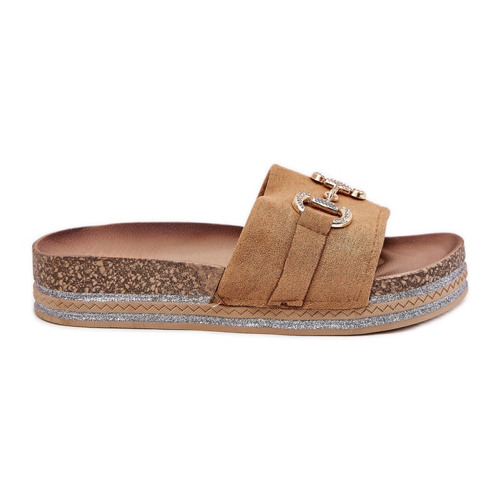 Women's flip flops on the platform with a golden ornament and Camel glitter brown