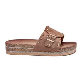 Women's slippers on the platform with a buckle and khaki studs beige Women's slippers on the platform with a buckle and khaki studs beige