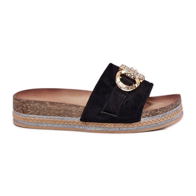 Women's flip flops on the platform with glitter and golden decoration black Women's flip flops on the platform with glitter and golden decoration black
