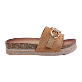 Women's flip flops on the platform with glitter and golden decoration Camel brown