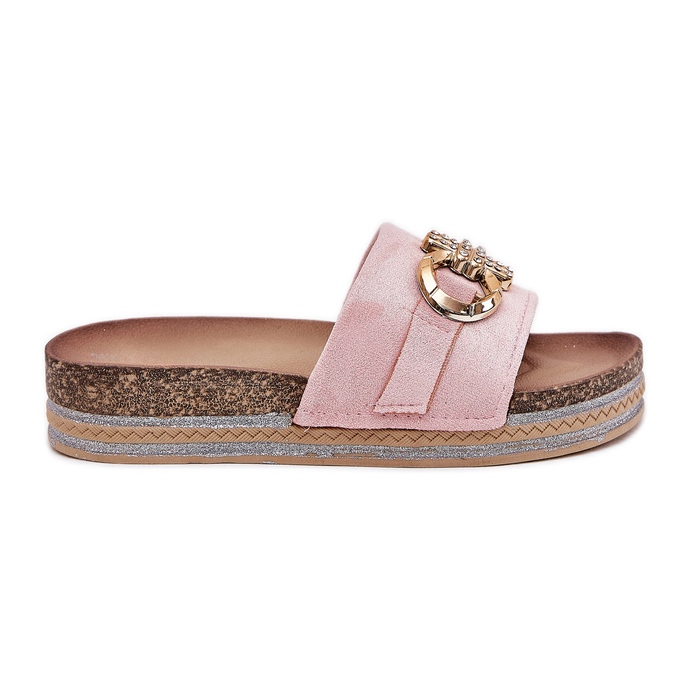 Women's flip flops on the platform with glitter and golden decoration pink