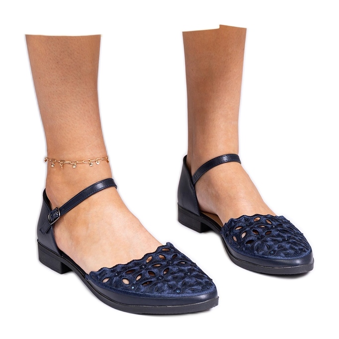 Navy blue openwork sandals with zircons