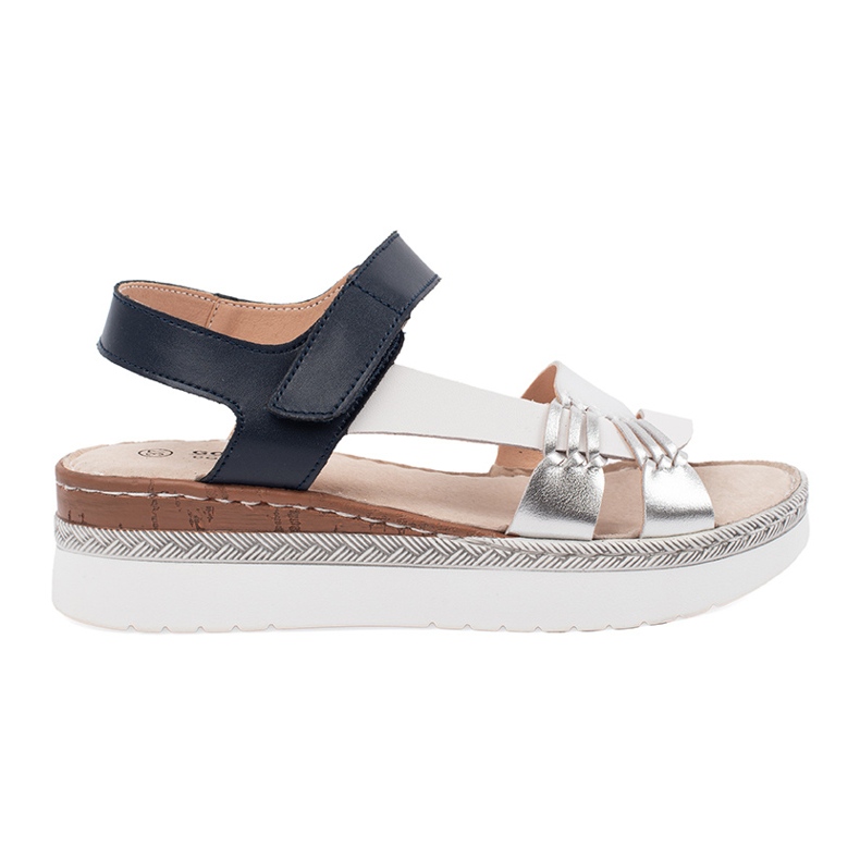 Goodin White and navy blue sandals on a platform with a metallic decoration Goodin White and navy blue sandals on a platform with a metallic decoration