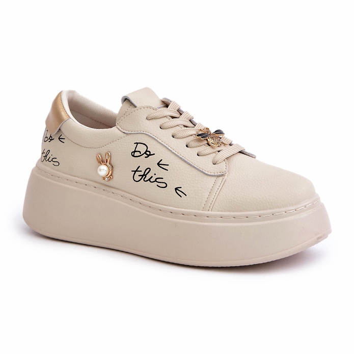 Vinceza Women's leather sneakers on the platform with pins and the inscription Vincez 89102 beige