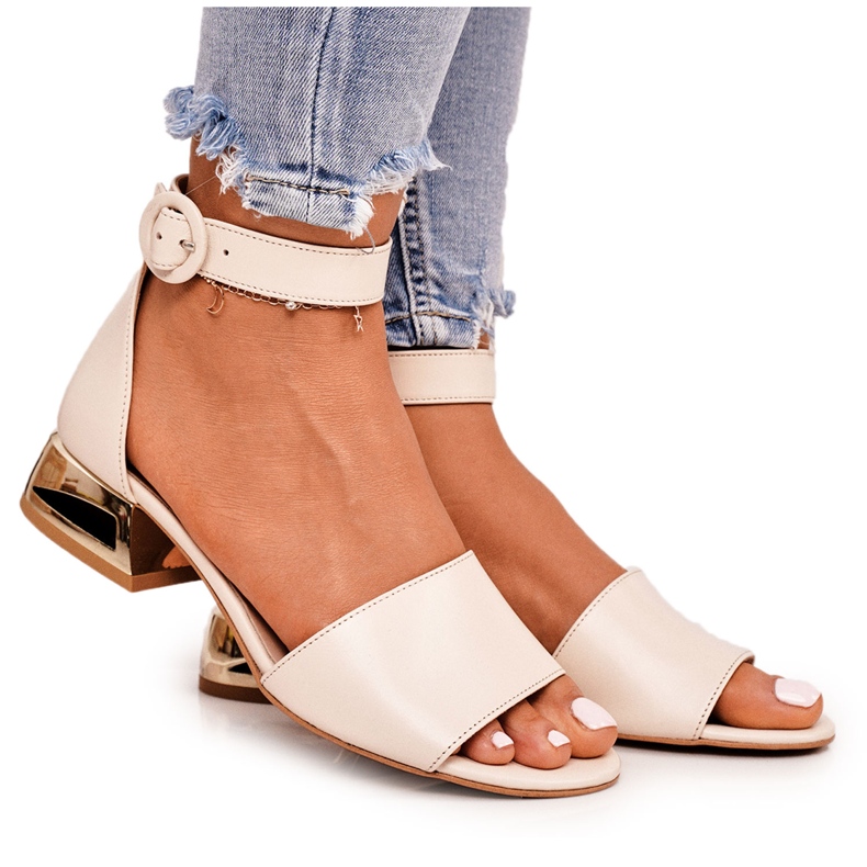 Leather Sandals On Gold Heels Laura Messi 2143 Beige