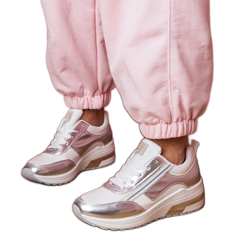 White sneakers with zircons and a metallic insertion