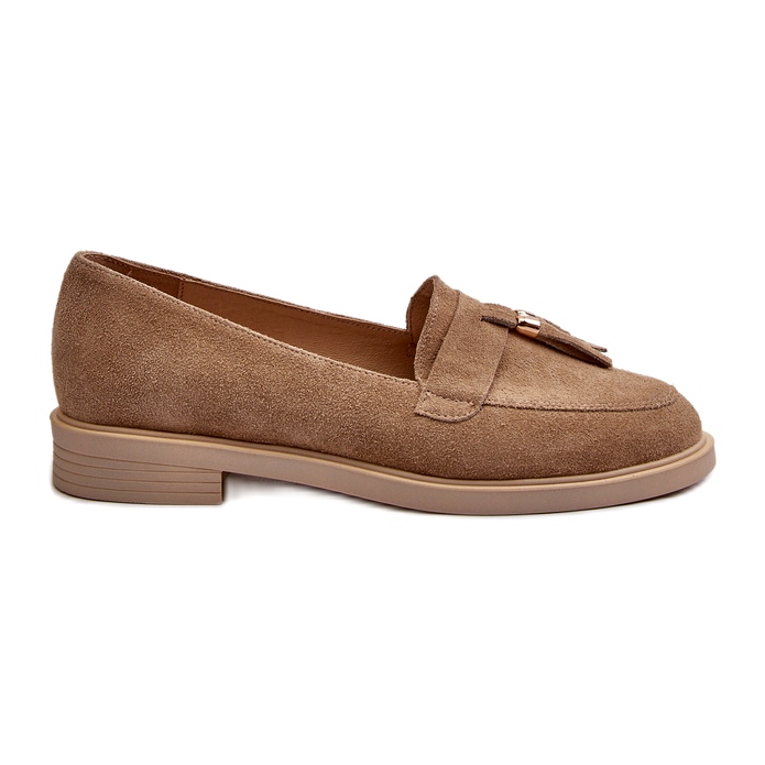 Zazoo 3420 suede leather women's flat -heeled loafers beige