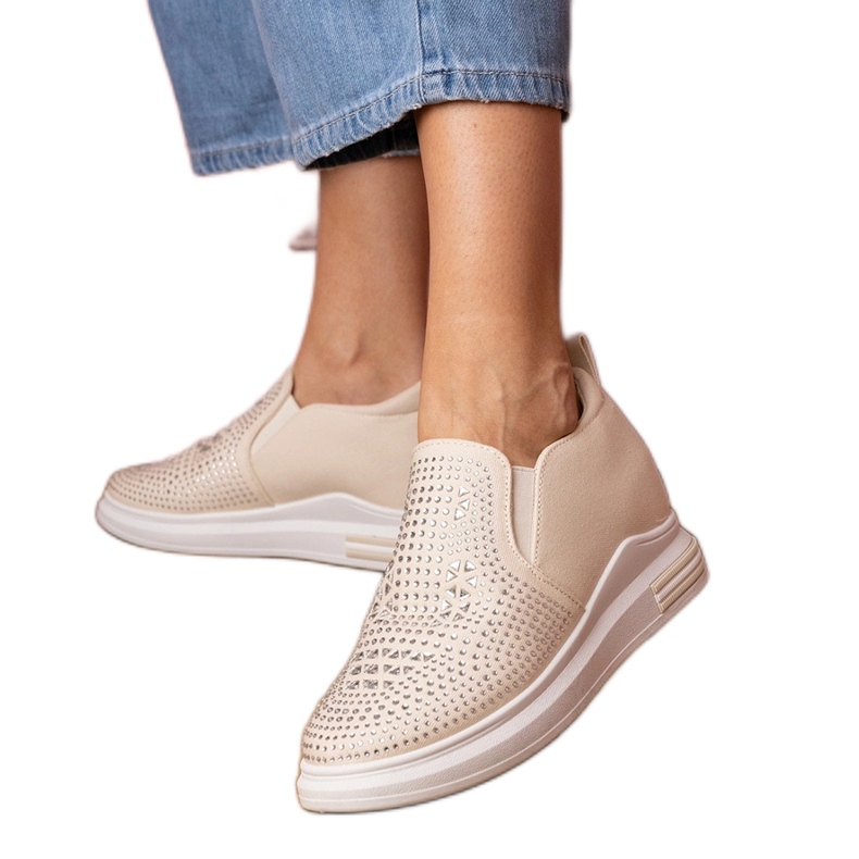 Beige women's sneakers with zircons on a hidden wedge