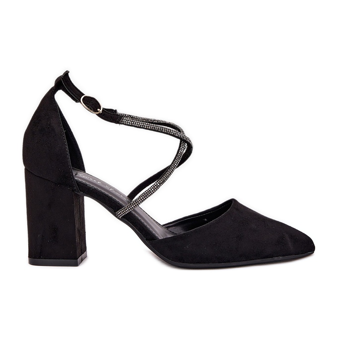 Pumps with pointed toes and decorated stripes on the pillar black