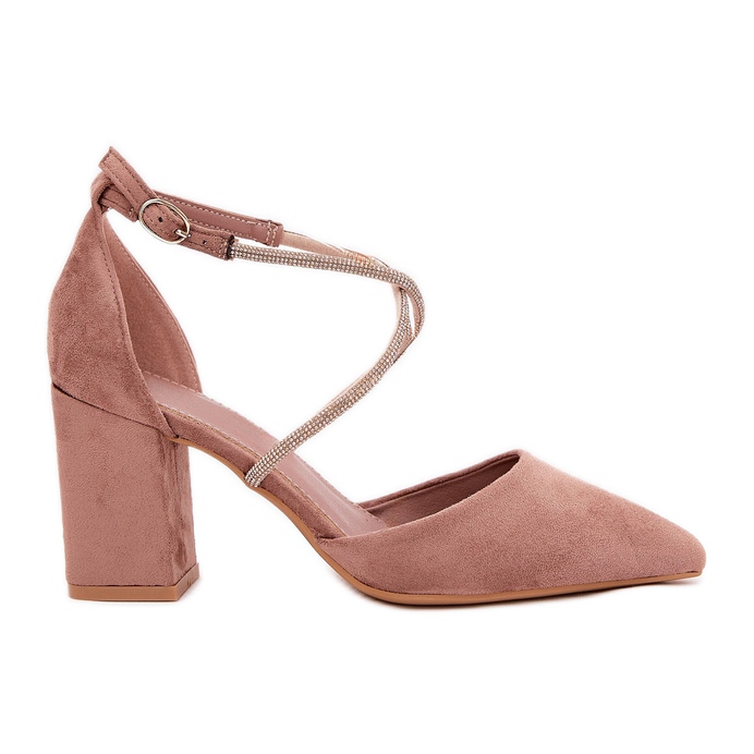 Pumps with pointed toes and decorated stripes on the dark -sized post beige