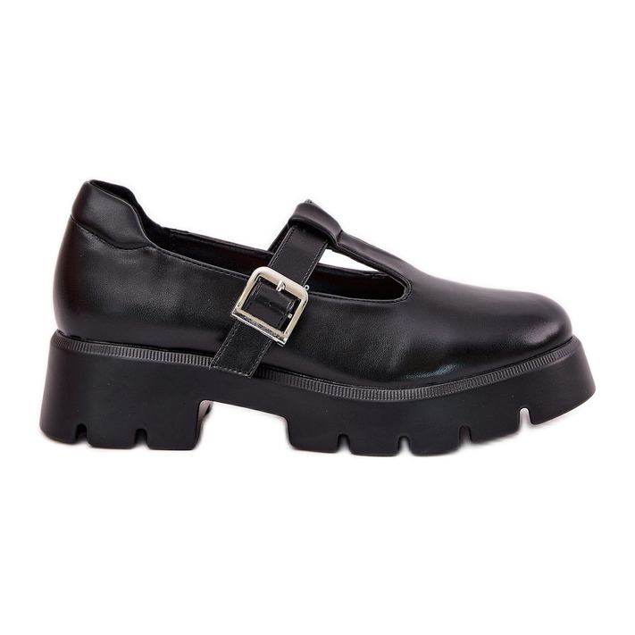 Women's shoes with a buckle on the platform and flat heels black Women's shoes with a buckle on the platform and flat heels black