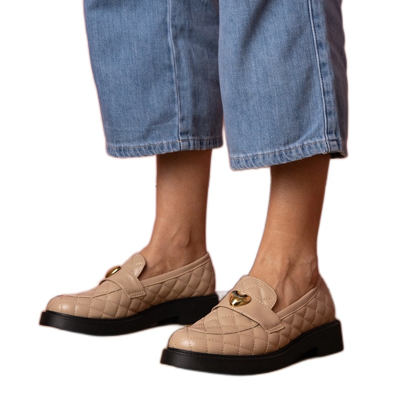 Beige quilted loafers decorated with heart Beige quilted loafers decorated with heart