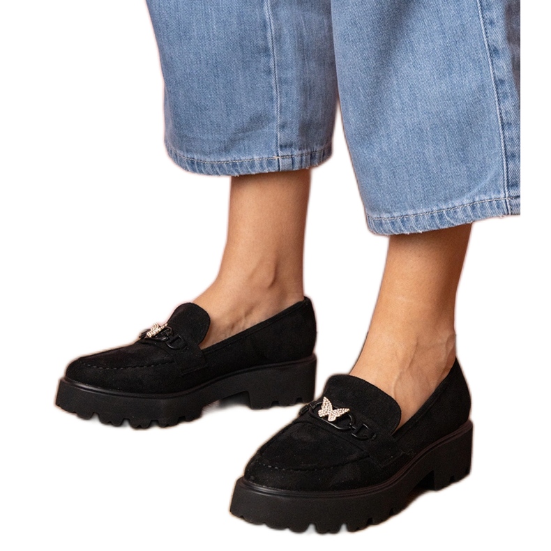 Black women's loafers with a zircon butterfly Black women's loafers with a zircon butterfly