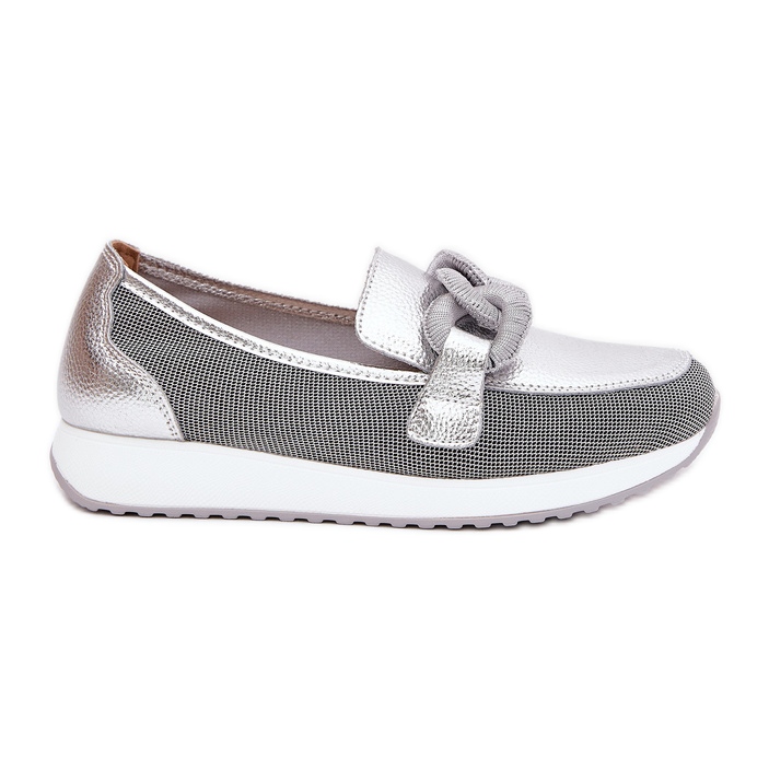 S.Barski Women's leather loafers with an ornament LR51-966 silver
