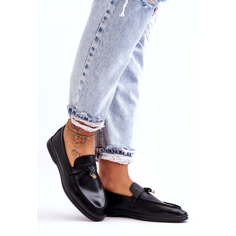 Women's black loafers with a decorative padlock Women's black loafers with a decorative padlock