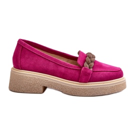 Zazoo 3429/W women's suede leather loafers with an ornament of fuchsia pink