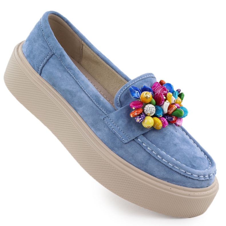Leather loafers on the platform with beads blue Filippo DP6765
