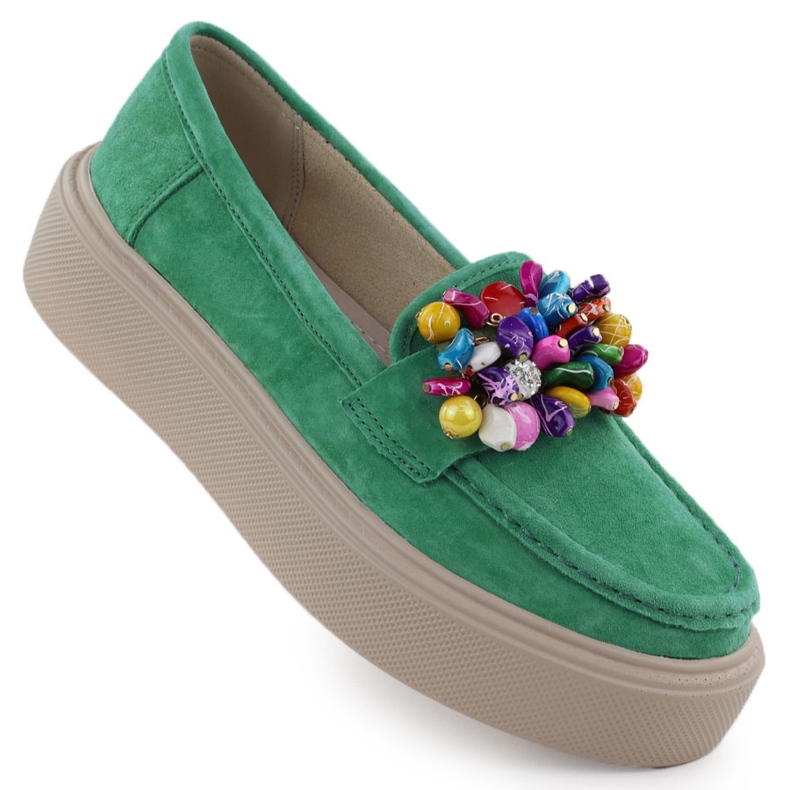 Leather loafers on the Platform with Green Filippo DP6765 beads