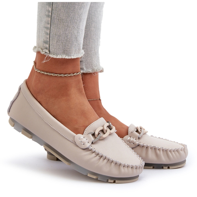 Women's Leather Moccasins With Decoration Beige S.Barski LR339 Women's Leather Moccasins With Decoration Beige S.Barski LR339