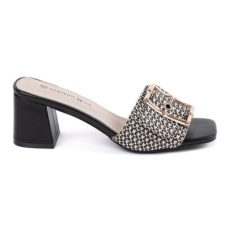 Goodin Tweed black and white slippers on the post