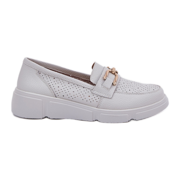 Vinceza Women's leather loafers with a golden detail Vincez 88007 light gray white