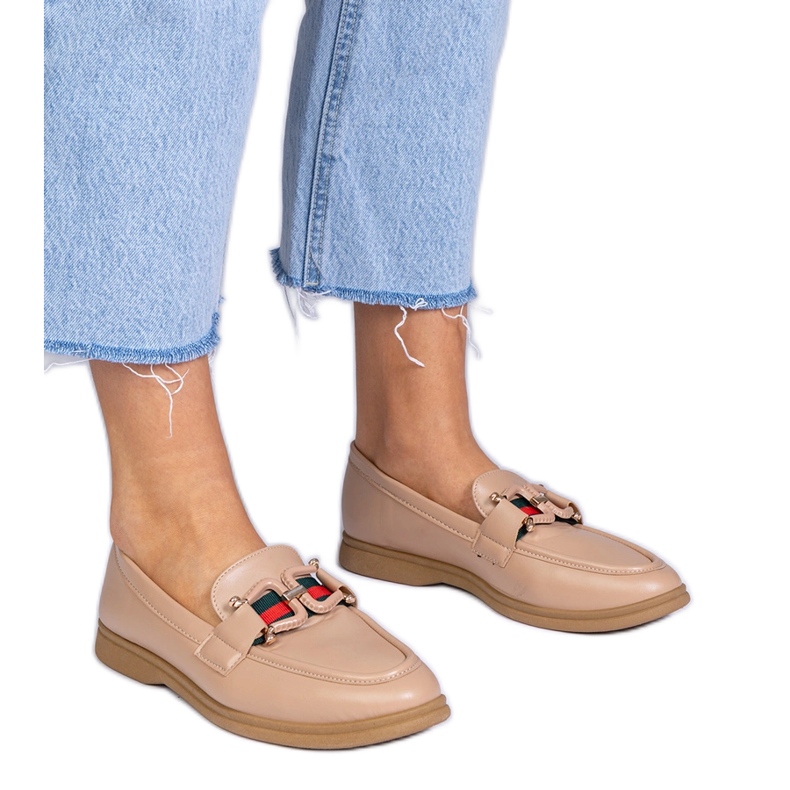 Beige moccasins with eco -leather with an ornament