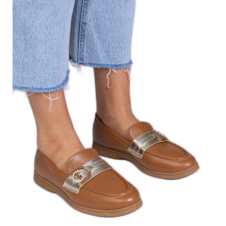 Brown eco -leather loafers with zircons