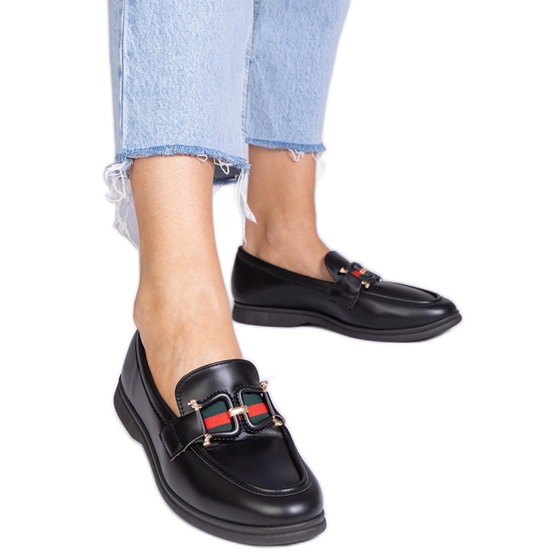 Black eco -leather loafers with an ornament