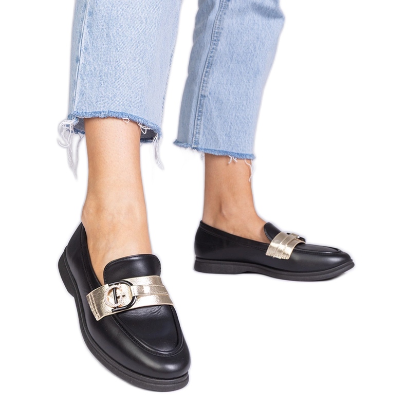 Black eco -leather loafers with zircons
